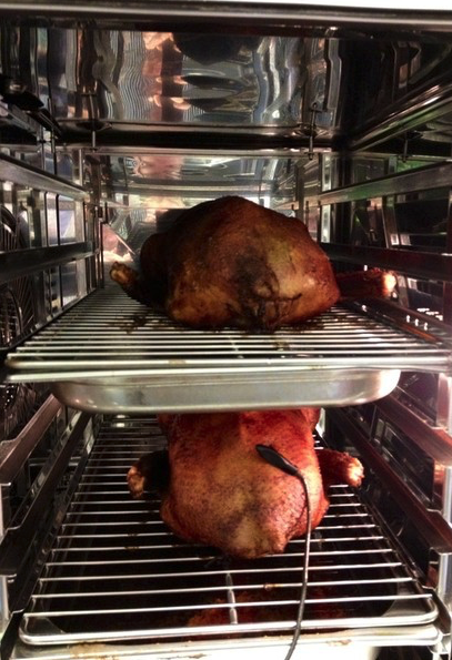 Eine Hand hält ein Brötchen mit einer Wurst und Senf in einem grünen Garten.