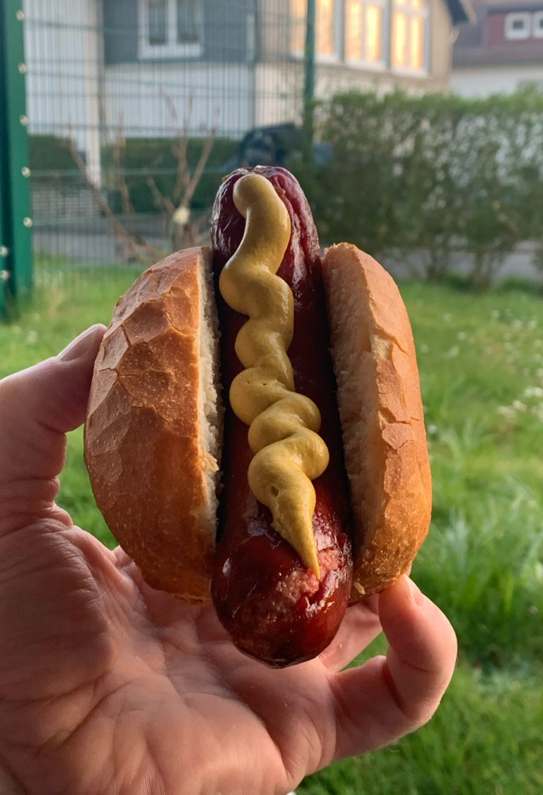 Eine Hand hält ein Brötchen mit einer Wurst und Senf in einem grünen Garten.